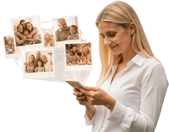 Família olhando álbum no celular